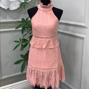 FOXIEDOX PINK TURTLE NECK LACE DRESS. SMALL